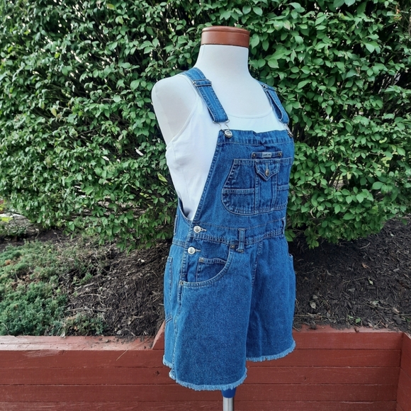 Route 66 Vintage 90's Denim Shortalls Bib Overalls Frayed Shorts Jeans Jorts - Picture 7 of 15